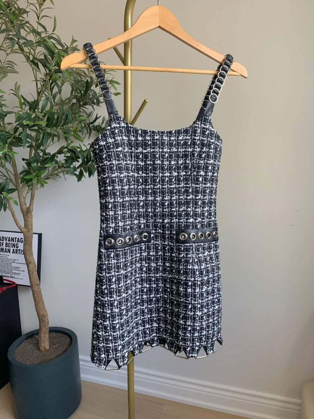 French Style Tweed Mini Dress Leather Strap Edgy Chic S